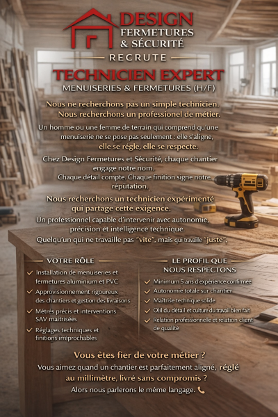 DESIGN FERMETURES RECRUTE TECHNICIEN EXPERT(H/F)